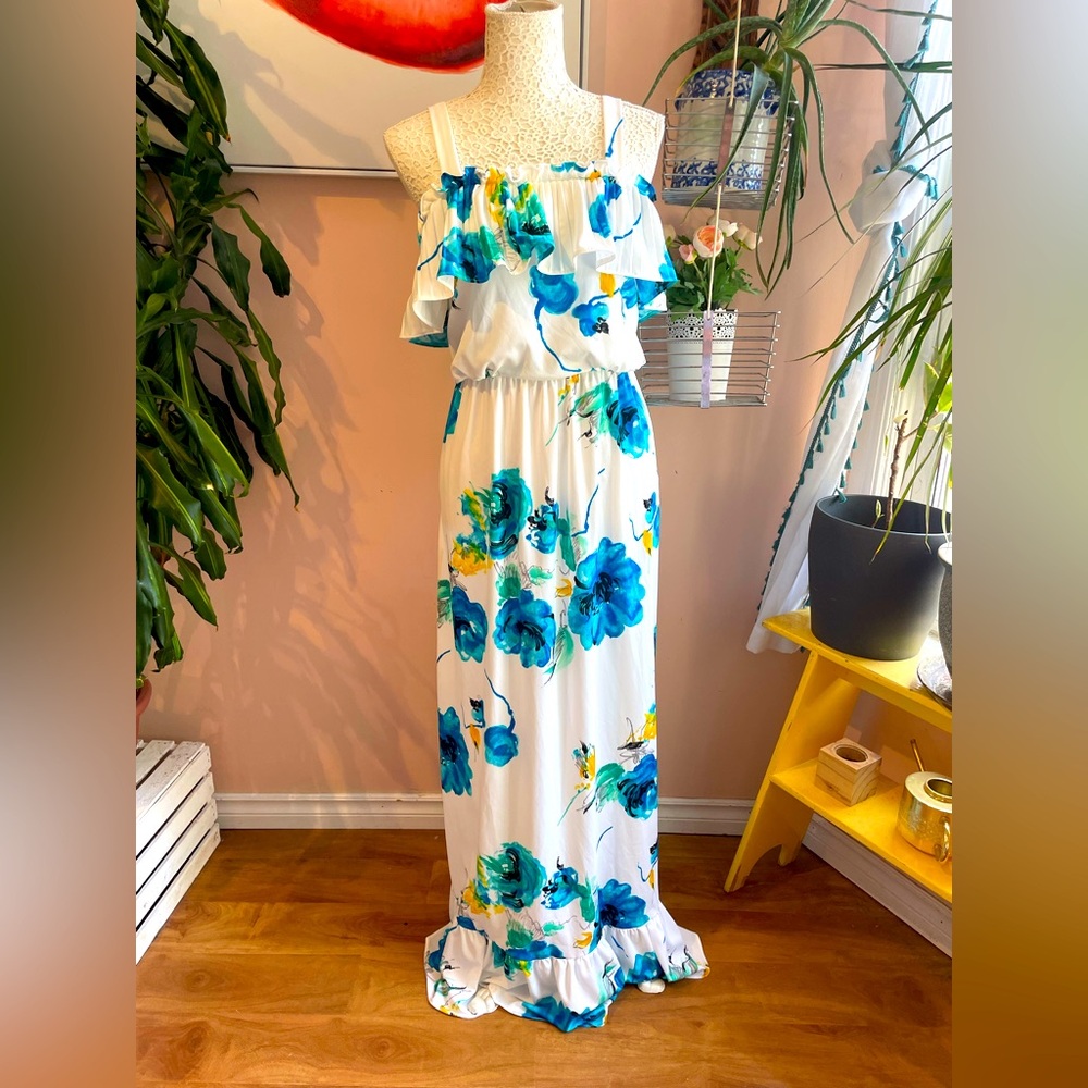 Vintage 1980s White & Blue Floral Print Maxi Tank Dress Gown, Size Medium